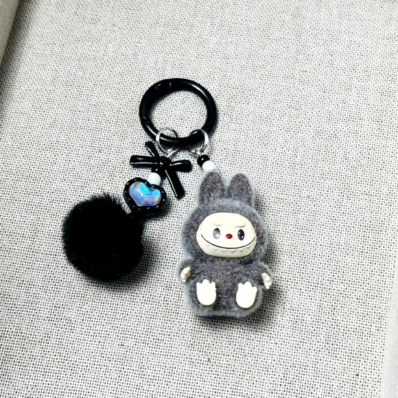 Fuzzy Have a Seat Black Labubu Keychain with Heart Gems Pom Pom Bag Charms NEW - Picture 3 of 5